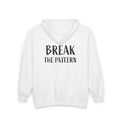 White Break The Pattern zip hoodie back print from Be Someone's Person, created by Kayla and Samantha.
