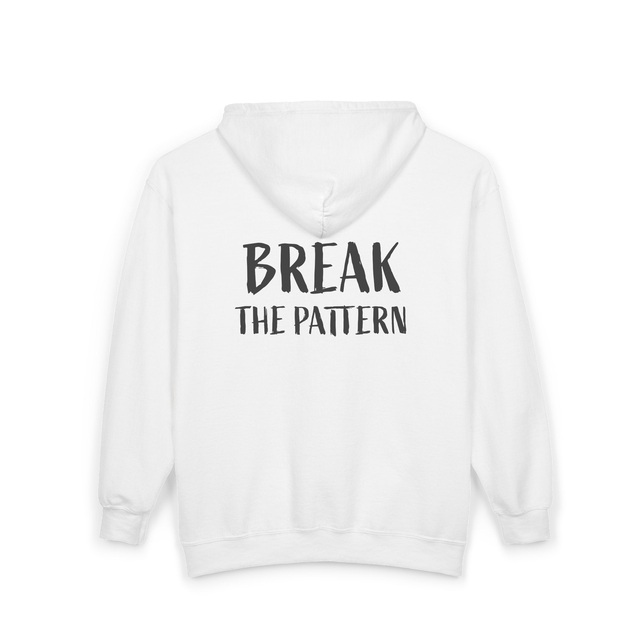 White Break The Pattern zip hoodie back print from Be Someone's Person, created by Kayla and Samantha.