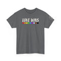 Graphite gray Love Wins pride t-shirt with LGBTQ+  colored hearts from Be Someone's Person, created by Kayla and Samantha.
