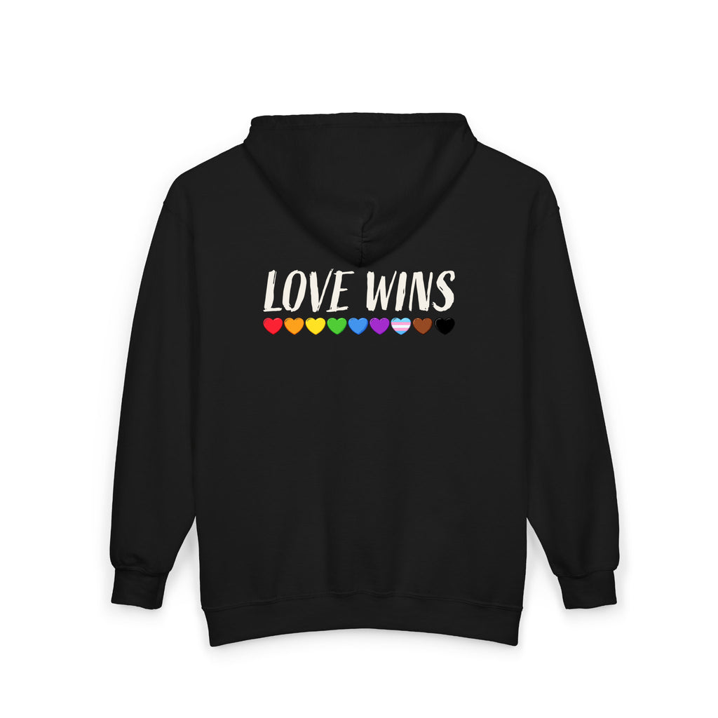 Back design of the black Love Wins pride zip hoodie with LGBTQ+ colored hearts from Be Someone's Person, created by Kayla and Samantha.