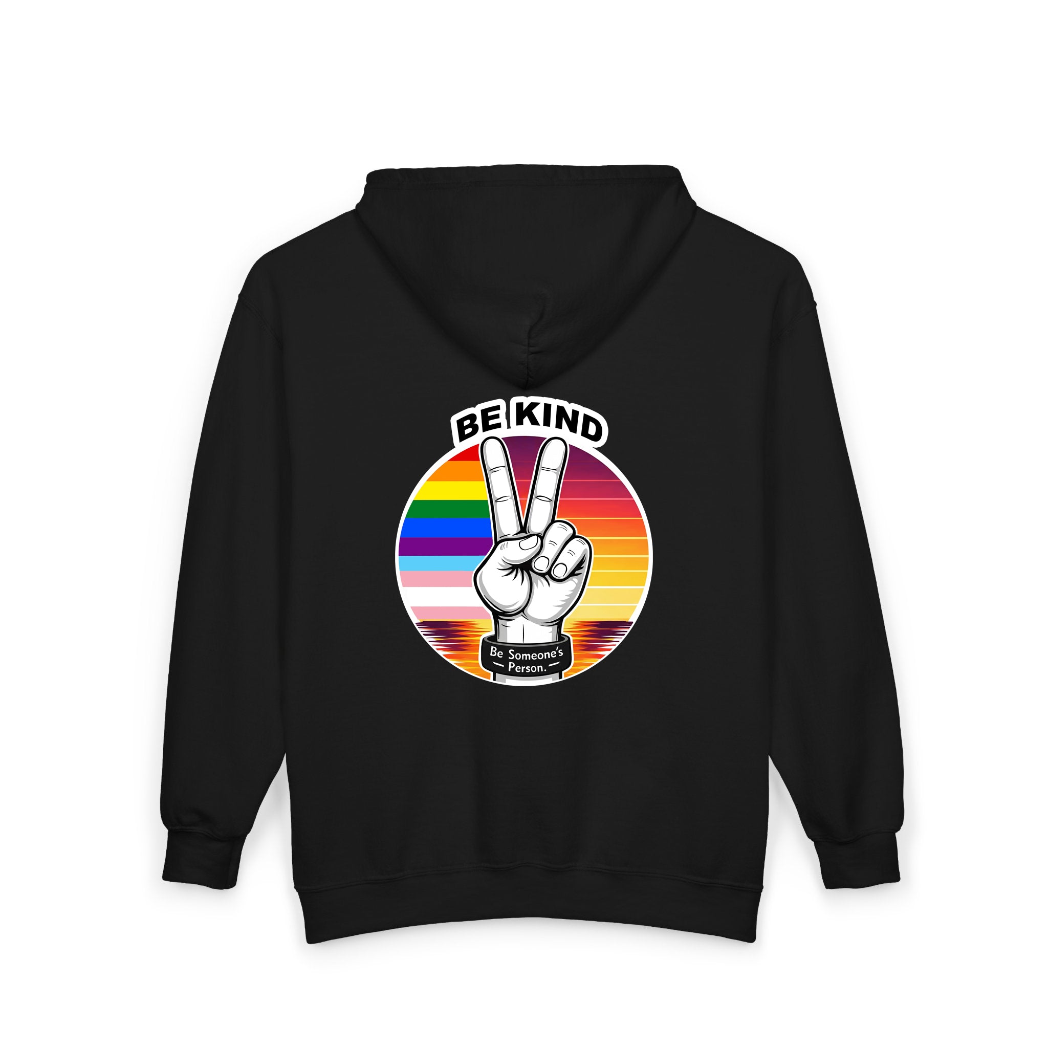 Sudadera con capucha y cremallera con el símbolo de la paz "Be Kind" – Edición Orgullo – anverso y reverso