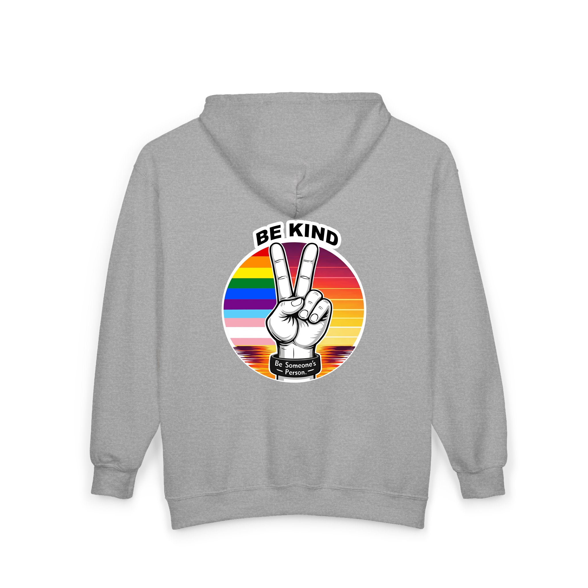 Sudadera con capucha y cremallera con el símbolo de la paz "Be Kind" – Edición Orgullo – anverso y reverso