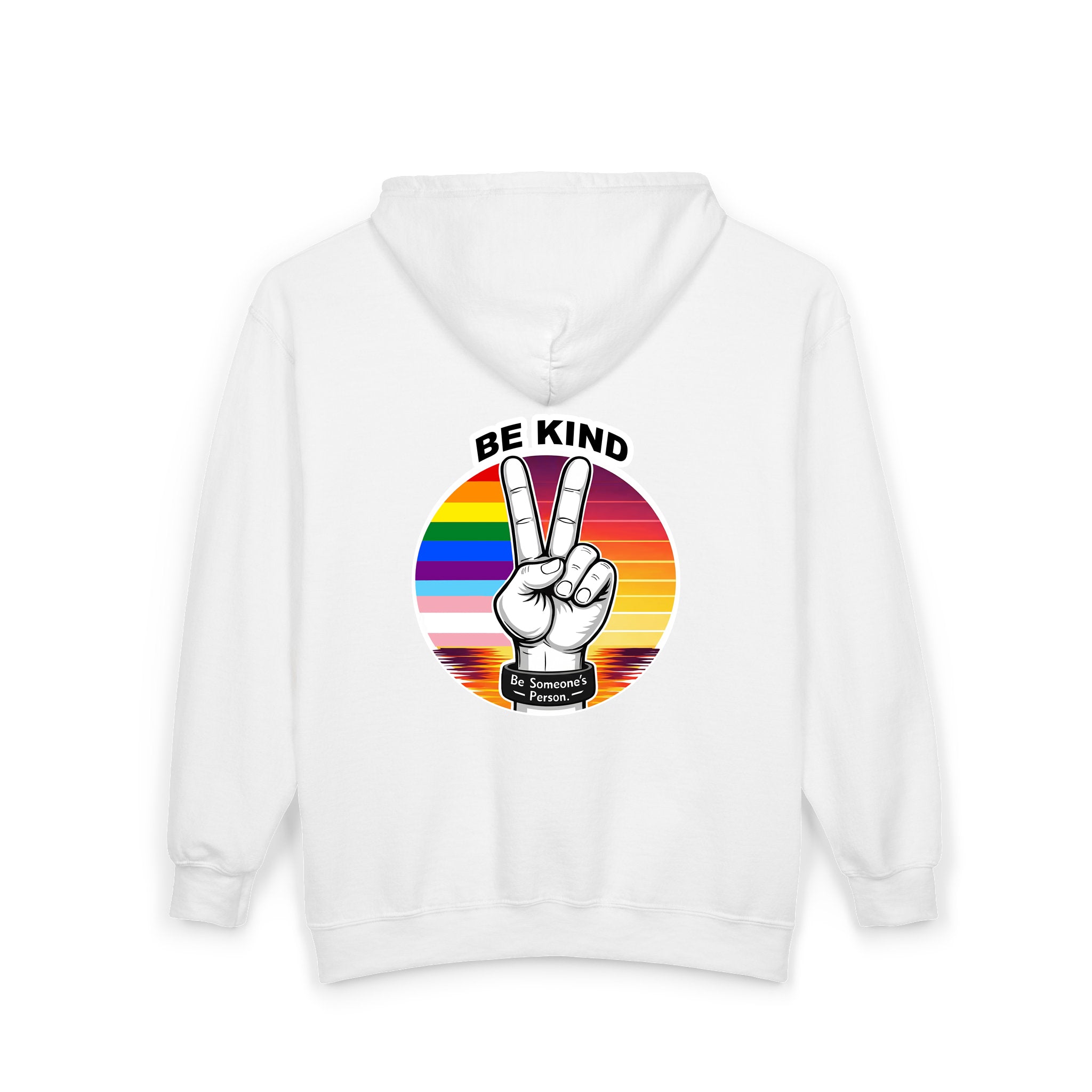 Sudadera con capucha y cremallera con el símbolo de la paz "Be Kind" – Edición Orgullo – anverso y reverso