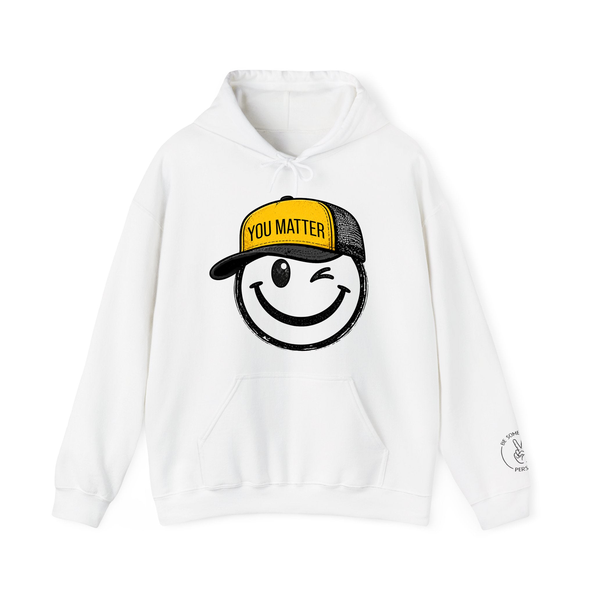 White You Matter Smiley hoodie composite showing front logo and full back print, created by Kayla and Samantha for Be Someone's Person.