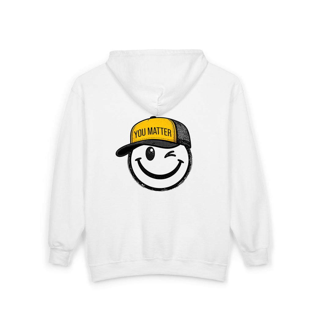 White You Matter Smiley zip hoodie composite showing front logo and full back print, created by Kayla and Samantha for Be Someone's Person.