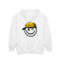 White You Matter Smiley zip hoodie composite showing front logo and full back print, created by Kayla and Samantha for Be Someone's Person.